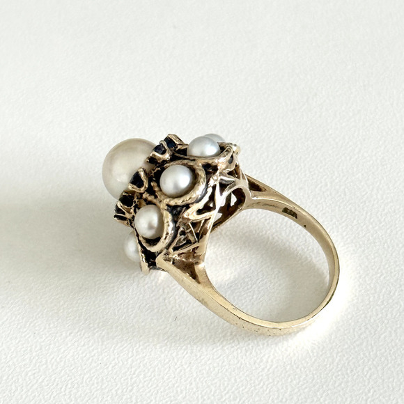 Vintage 14K Yellow Gold Pearl & Sapphire Ladies Statement Band Ring Size 5.75 - Picture 4 of 16